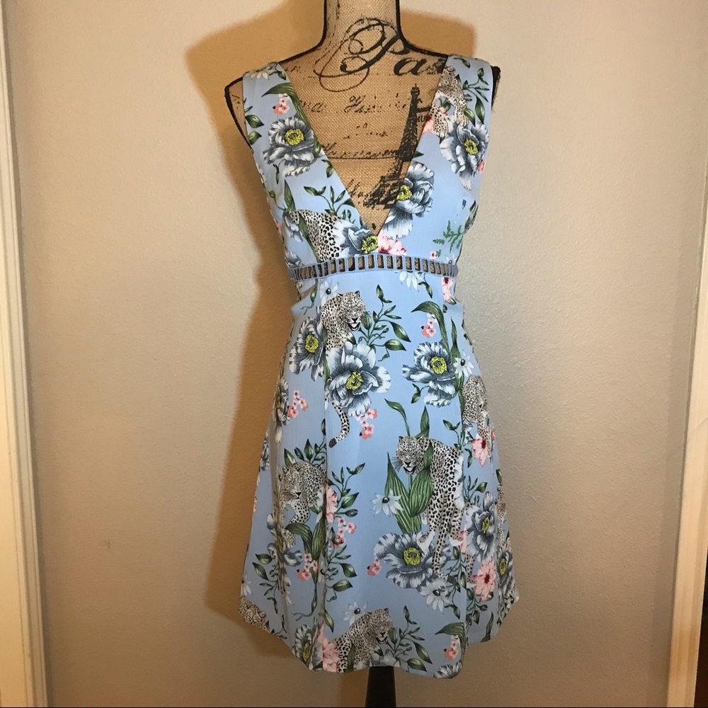 Blue cut out dress with leopard/floral pri…